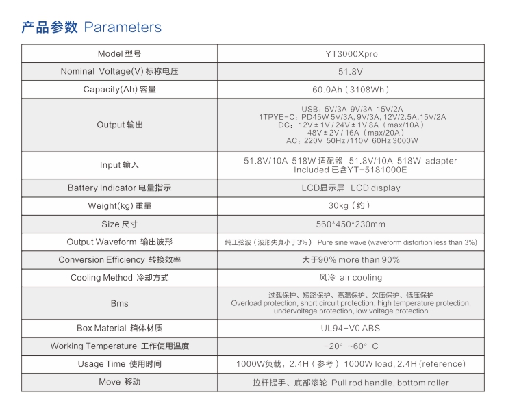 世豹拉箱式户外电源YT3000Xpro参数